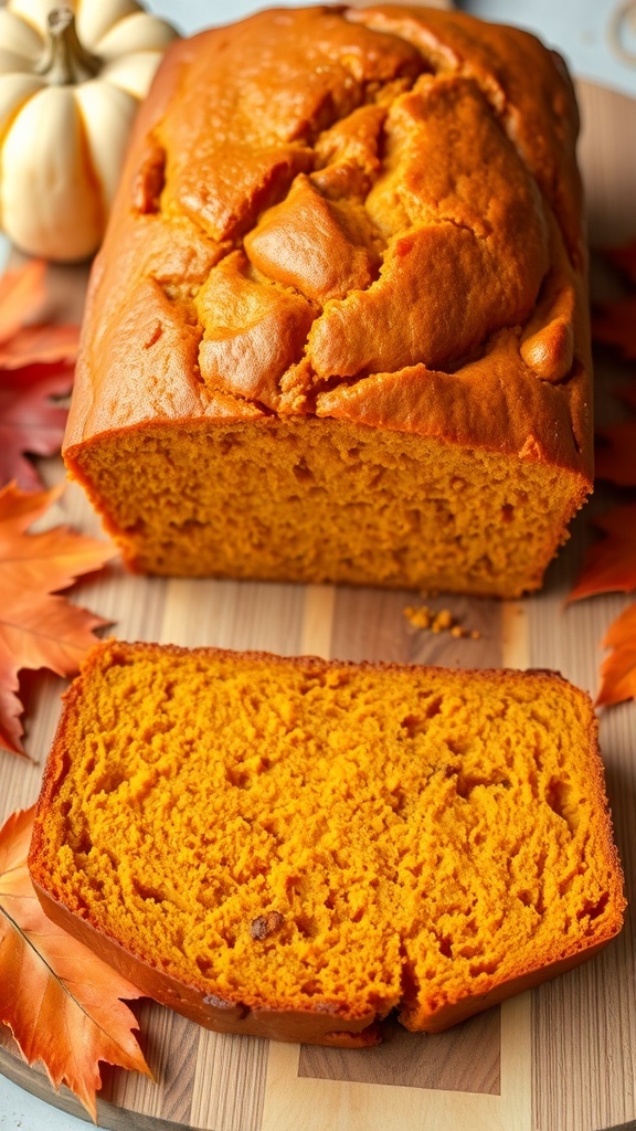 Pumpkin Bread Recipe for Bread Machine Sliced pumpkin bread on a wooden board, showcasing its moist texture and warm color, with autumn decorations.
